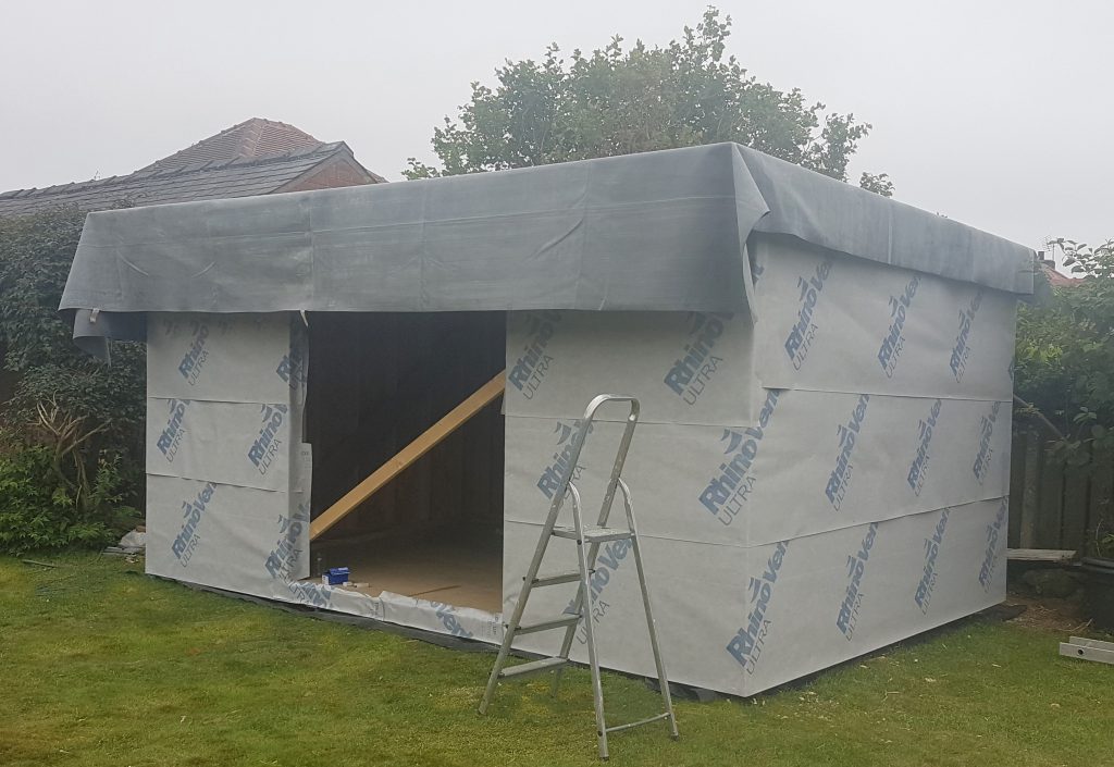 garden room wrapped breathable membrane with rubber roof